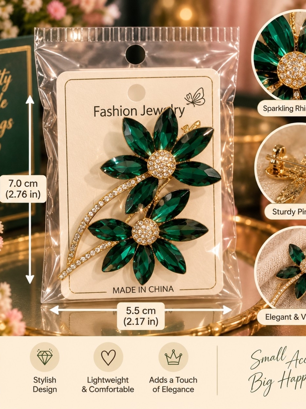 Fashion Jewelry Green Crystal Floral Brooch with Gold Accents